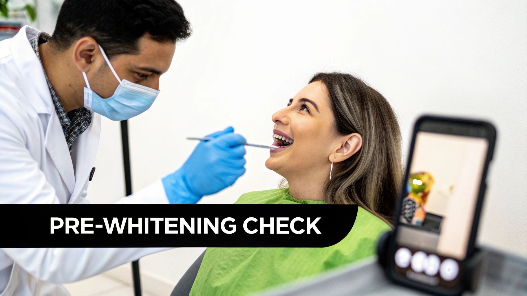 A dentist wearing a mask and gloves performs a pre-whitening check on a smiling female patient's teeth.