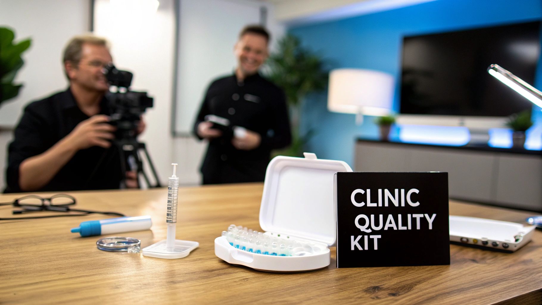 Professional teeth whitening kit laid out on a table with a camera crew in the background.