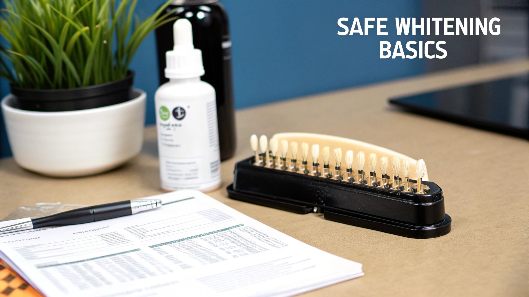 A desk with a plant, a whitening product bottle, a pen, documents, and a dental shade guide.