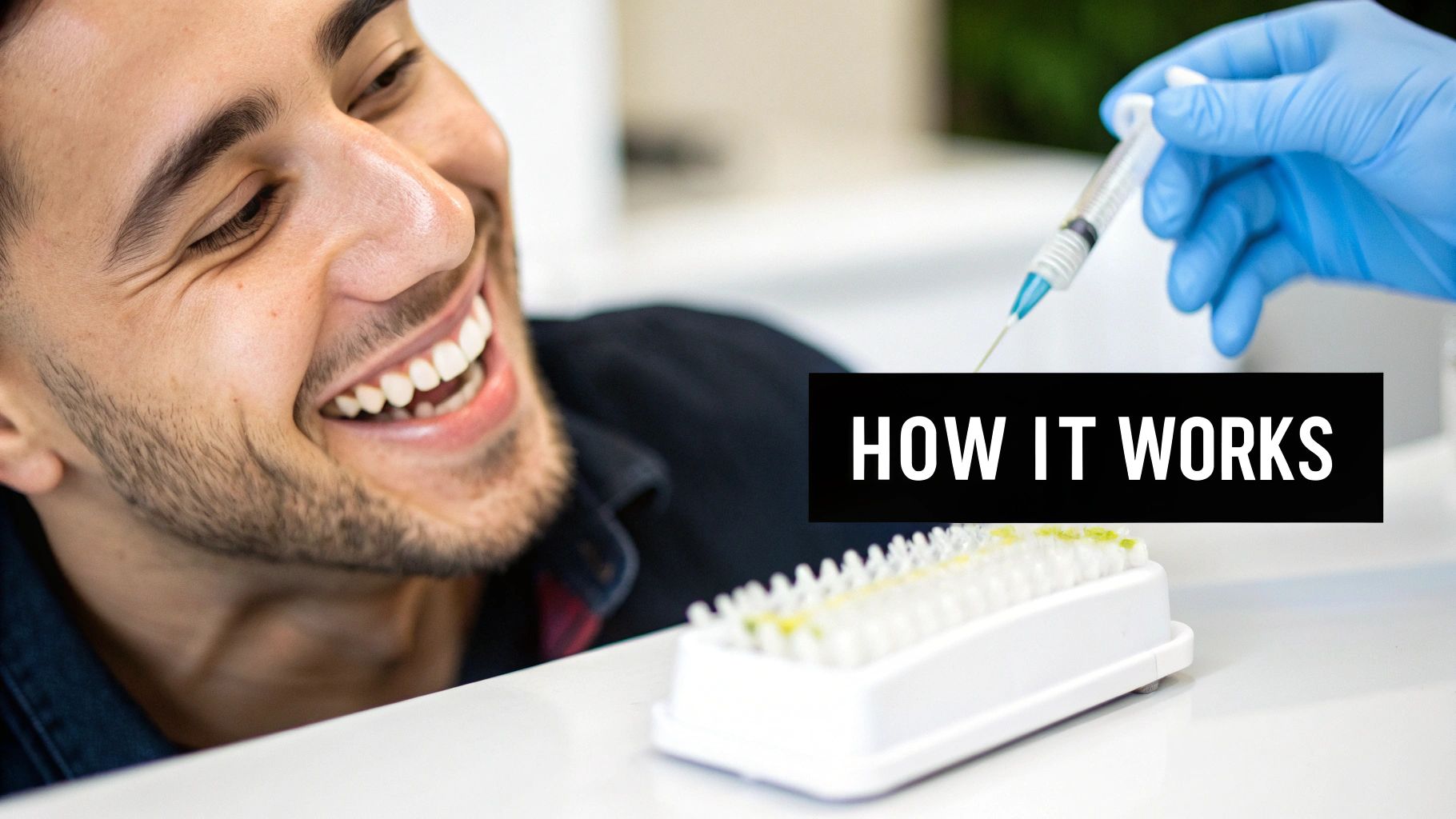 Smiling man watches a gloved hand with a syringe and lab samples, captioned 'HOW IT WORKS'.