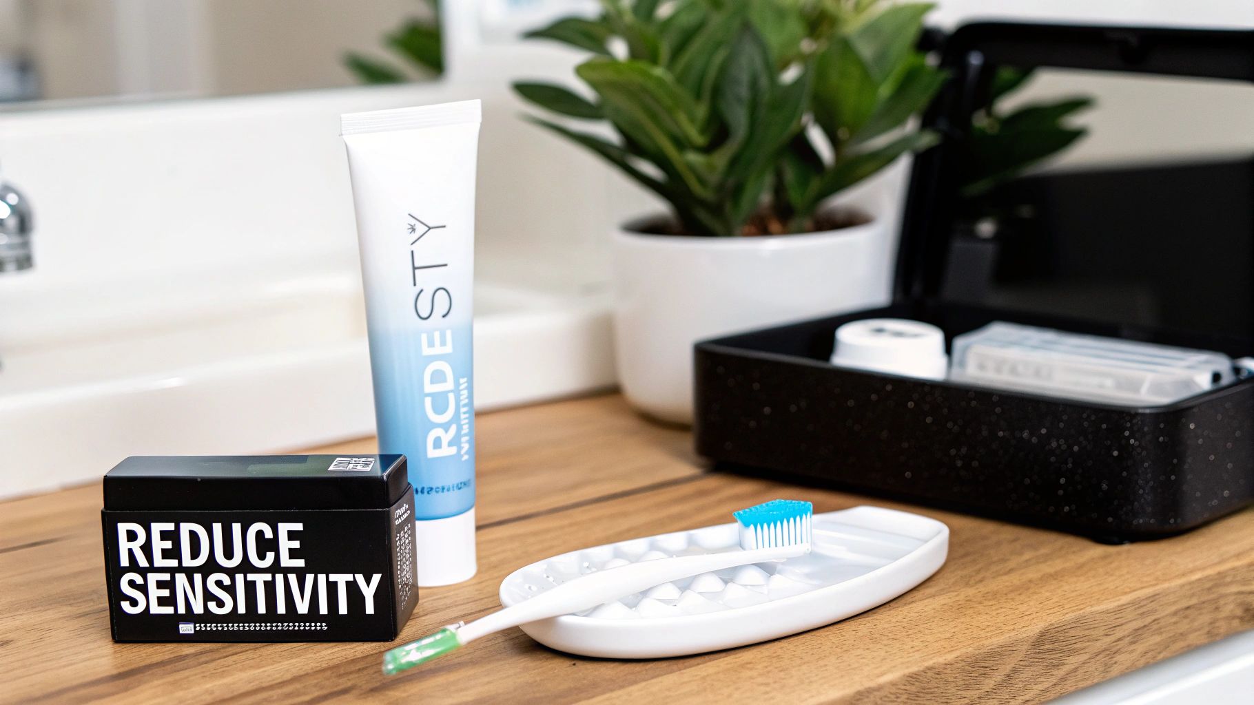 Oral care products, including sensitivity toothpaste, a toothbrush, and a treatment box, on a wooden bathroom counter.