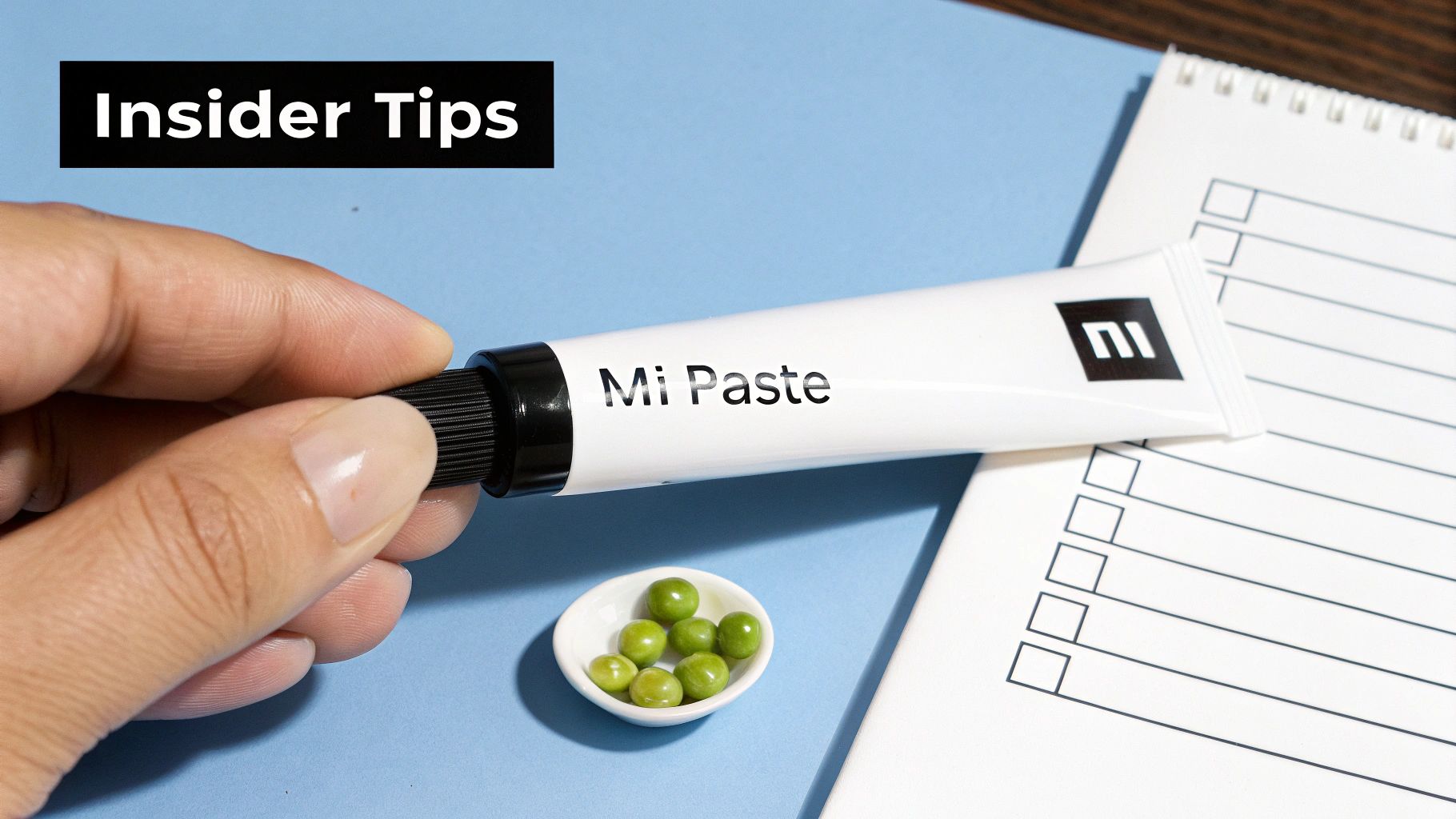 A hand holds a "Mi Paste" tube near a small white bowl of green peas and a checklist notebook.