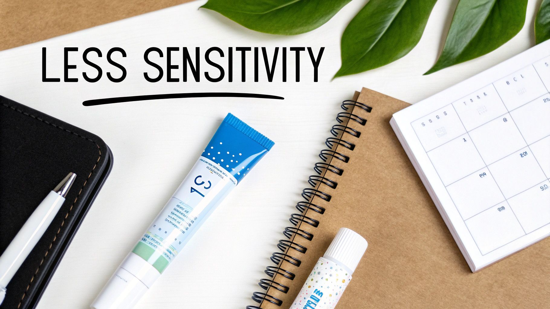 Flat lay of desk items including a blue tube, pen, notebook, and the text 'LESS SENSITIVITY'.
