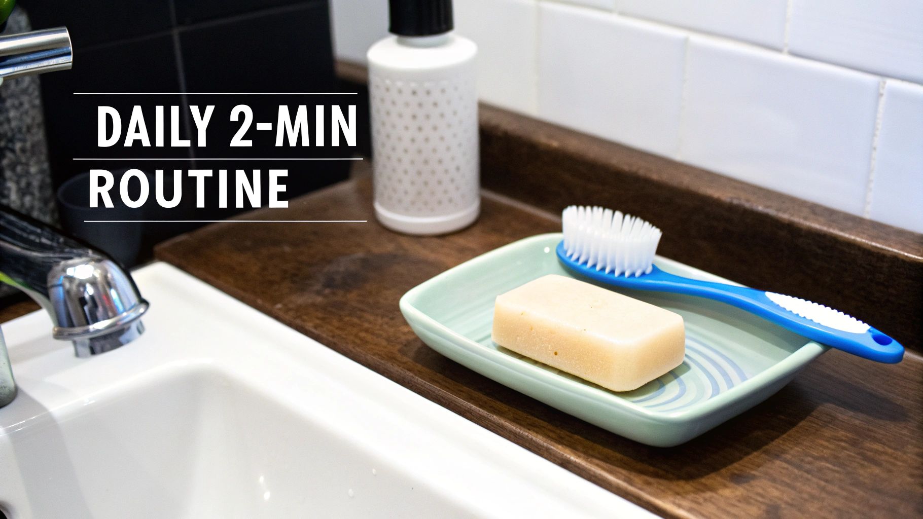 A bathroom sink area with a soap dish, bar of soap, a blue brush, and a white bottle. The text reads 'DAILY 2-MIN ROUTINE'.