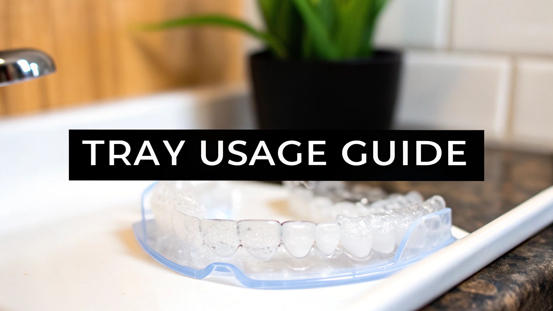 Clear dental aligners for teeth whitening in a blue case on a white sink with a text overlay 'TRAY USAGE GUIDE'.