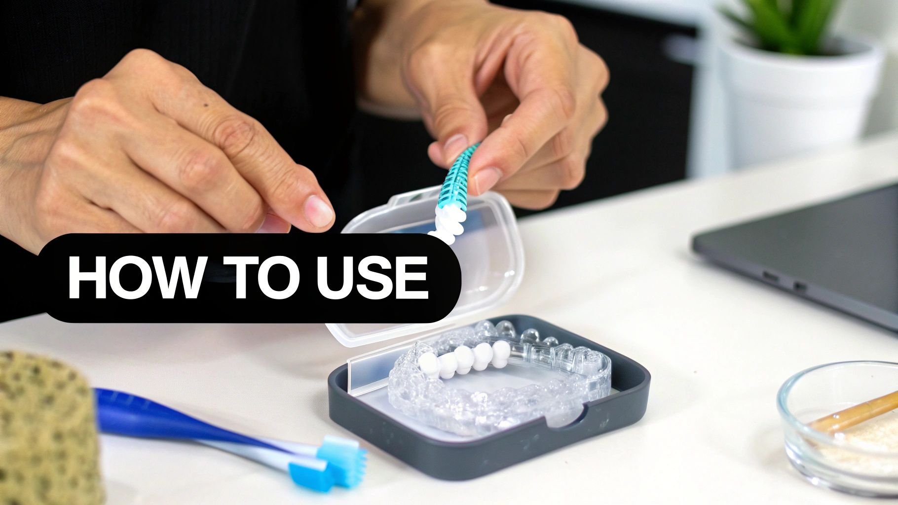 Hands cleaning a clear dental aligner with a small brush, next to another aligner in a tray.