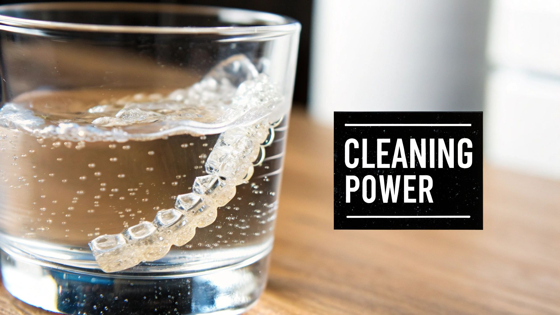 A clear dental retainer soaking in a glass of bubbly water with a 'CLEANING POWER' sign.