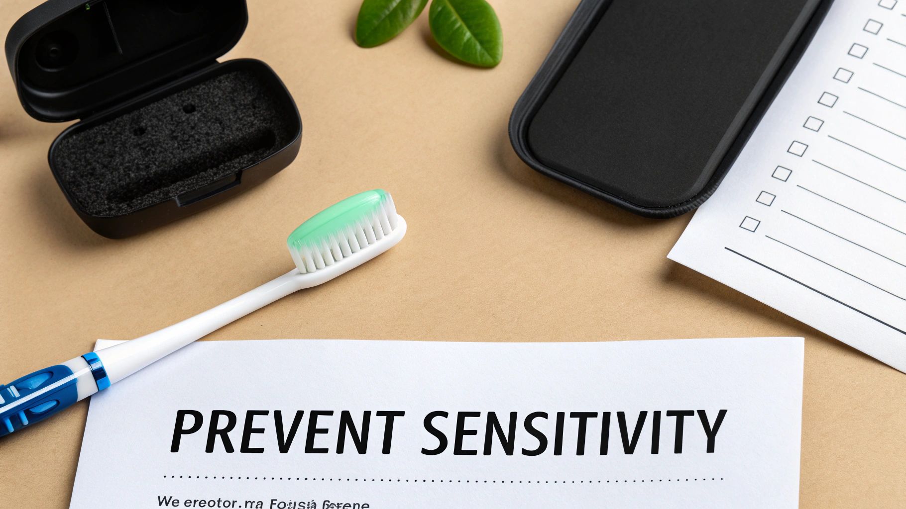 Flat lay of a toothbrush, black cases, green leaves, and a paper saying 'Prevent Sensitivity'.