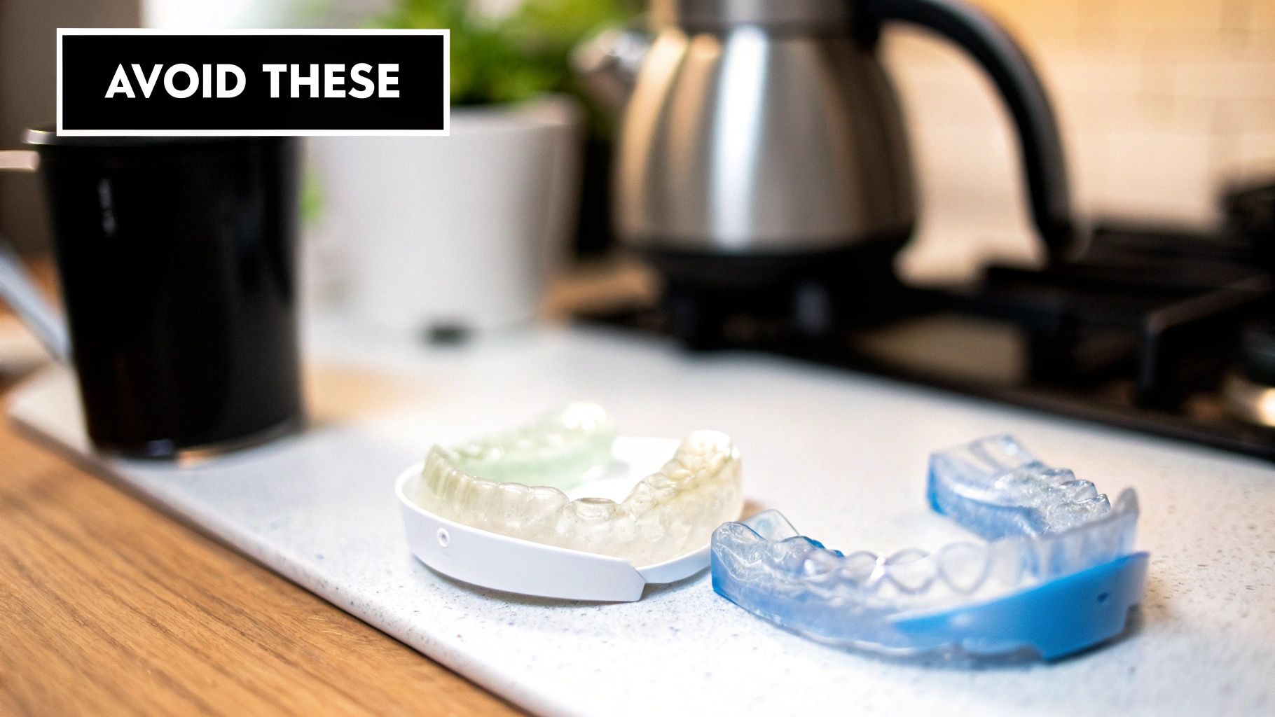 Several clear and blue dental retainers on a counter, with a mug and kettle in the background, labeled 'AVOID THESE'.