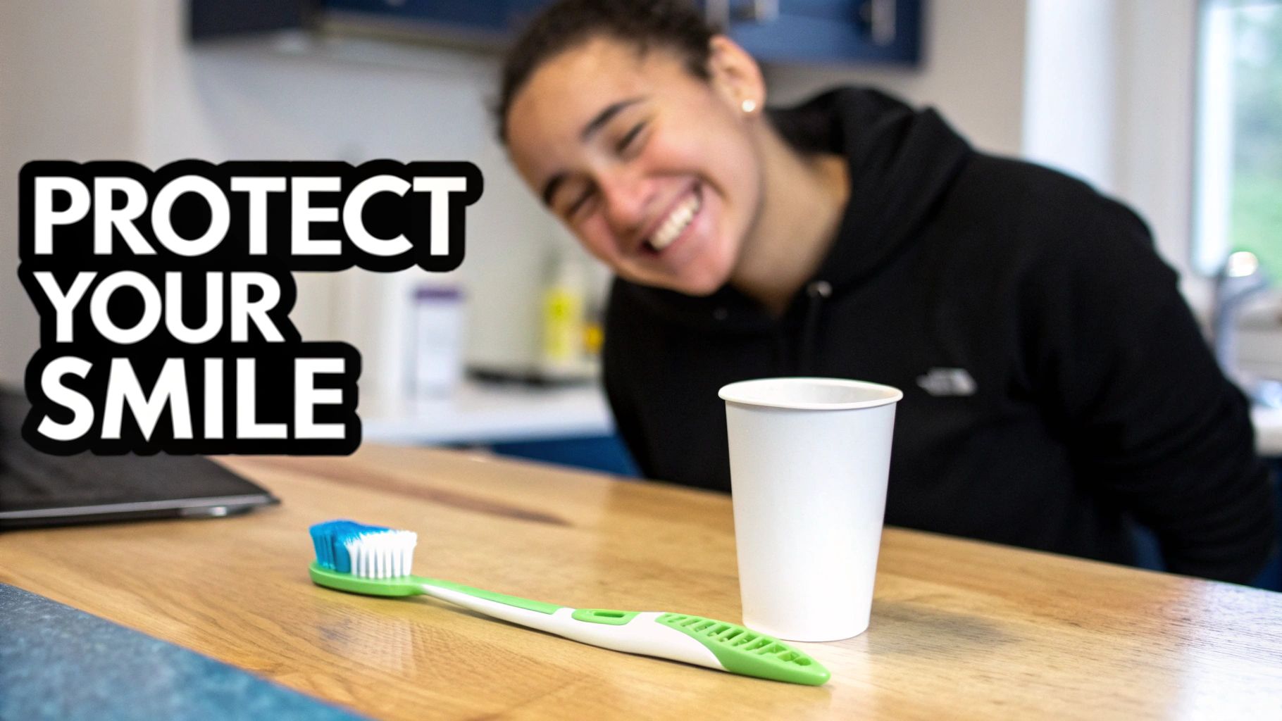 A smiling person with a toothbrush, toothpaste, and paper cup on a wooden counter, with 'PROTECT YOUR SMILE' text overlay.