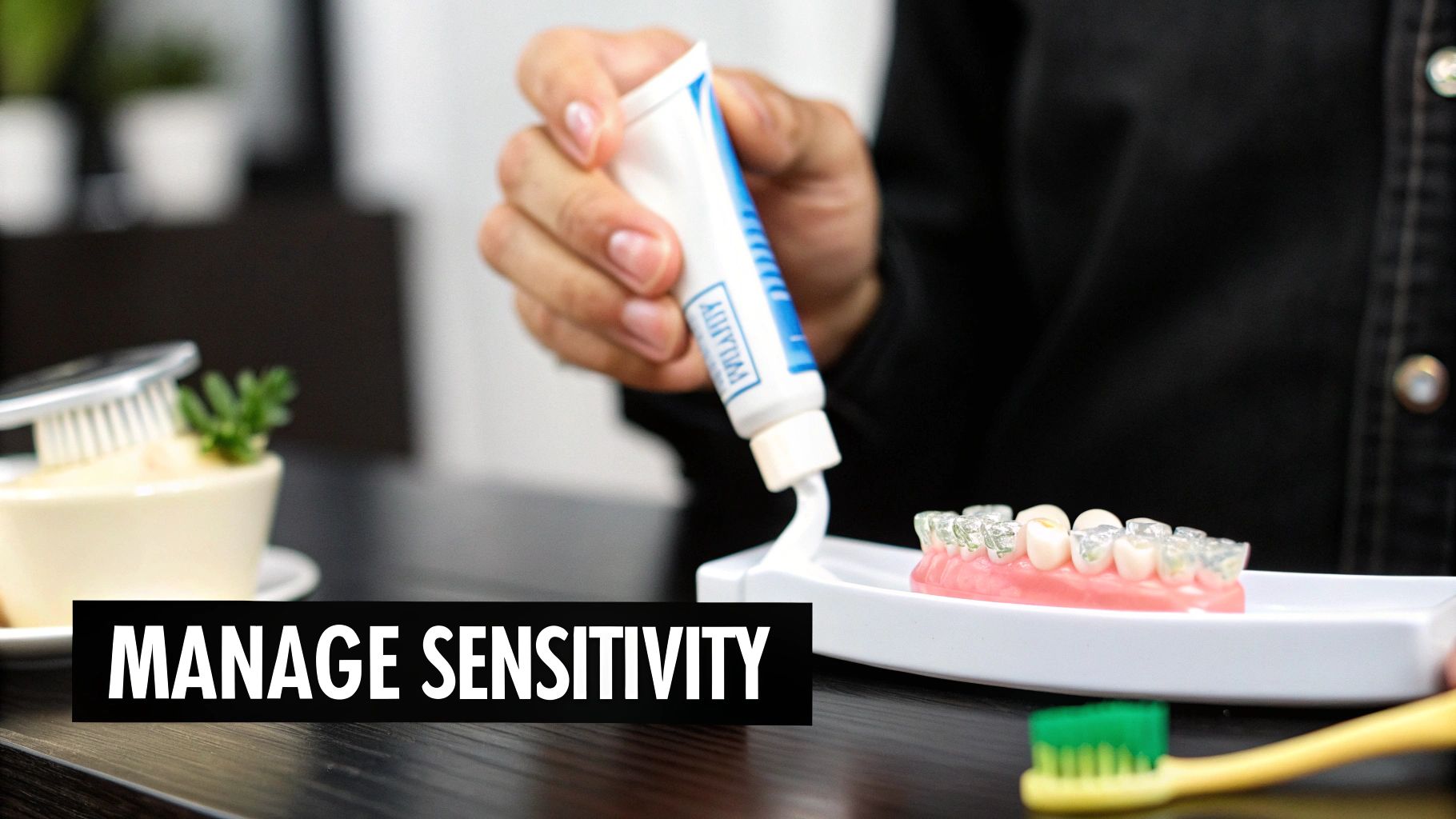 A hand applies toothpaste to a dental model with aligners, emphasizing sensitivity management.