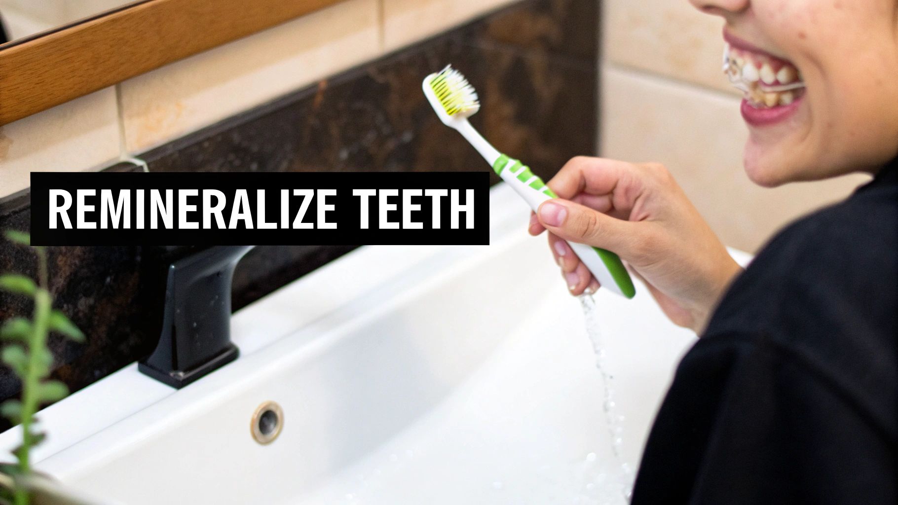 A person with dental braces holds a toothbrush under running water in a sink, with 'REMINERALIZE TEETH' text overlay.
