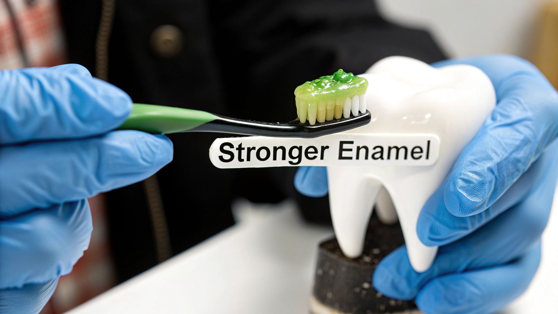 A gloved hand brushes a large tooth model with green toothpaste, emphasizing "Stronger Enamel."