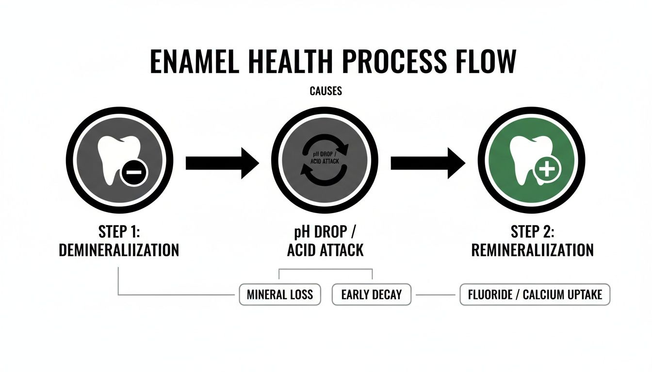 Diagram showing the enamel health process flow, from demineralization to remineralization.