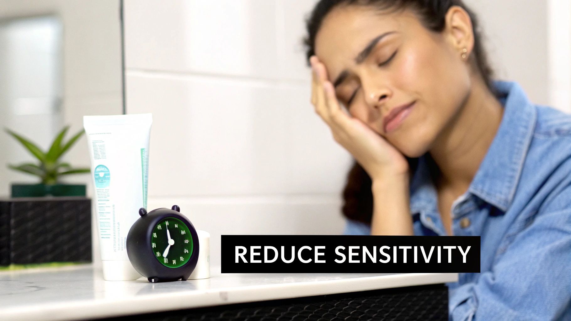 Woman experiencing sensitivity, eyes closed, beside a product labeled 'REDUCE SENSITIVITY' and a clock.