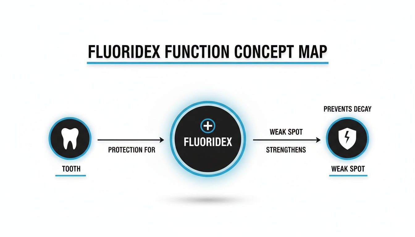 A concept map showing Fluoridex provides protection for a tooth, strengthening weak spots to prevent decay.