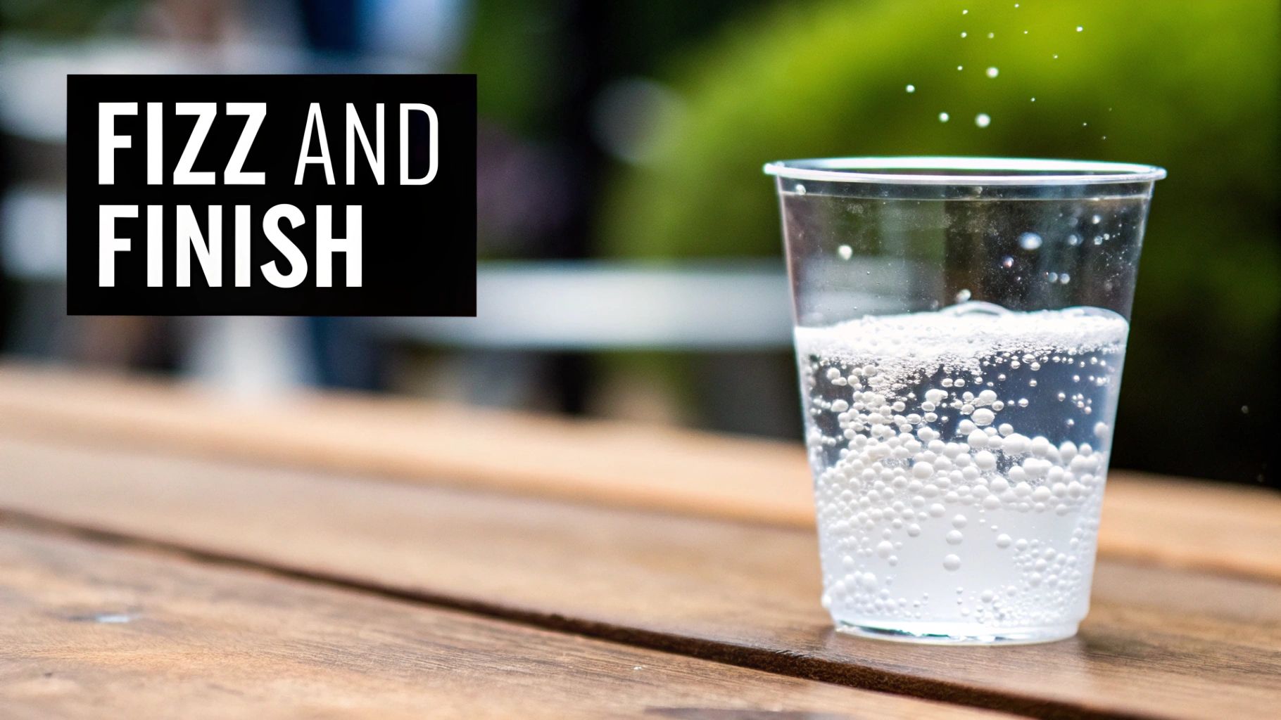 A clear plastic cup with a fizzy, bubbly drink on a wooden table, next to a black sign saying 'FIZZ AND FINISH'.