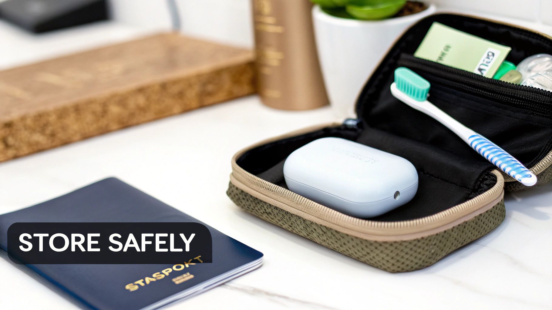 An open travel pouch contains a light blue retainer case and a toothbrush, next to a passport.