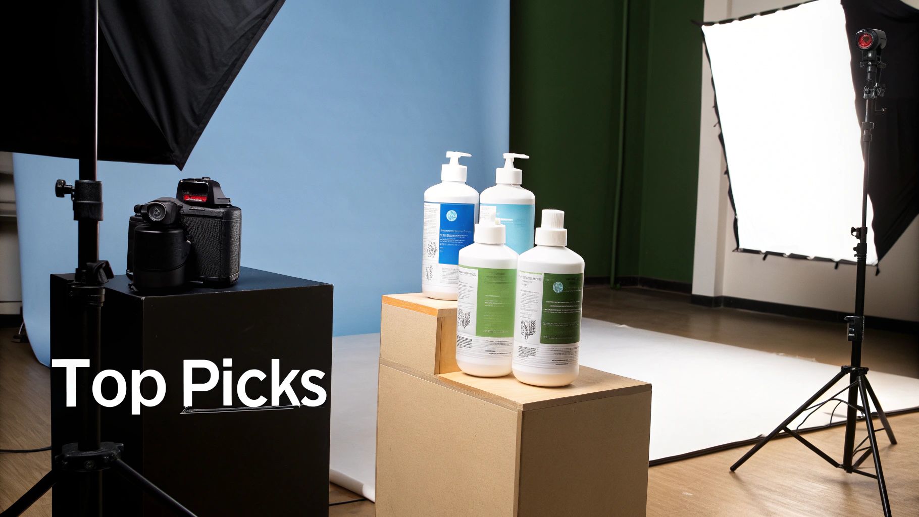 Product photography studio setup with white bottles on risers, camera, and studio lighting.