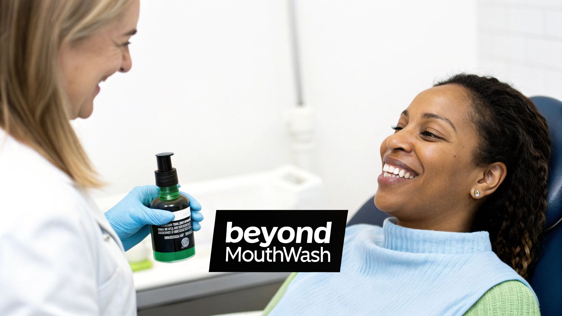 A smiling dental professional offers a bottle of Beyond MouthWash to a happy patient in a clinic.
