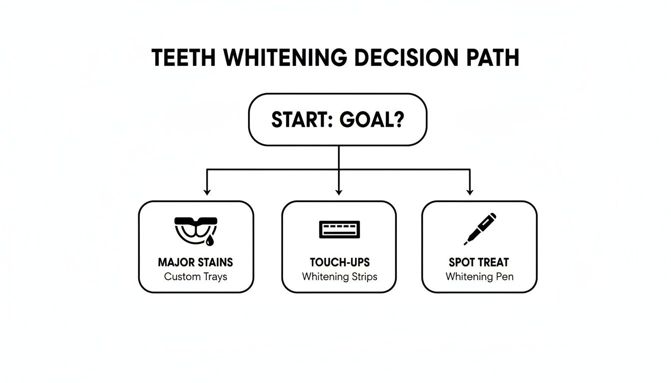 Flowchart illustrating teeth whitening options based on goals: major stains, touch-ups, or spot treat.