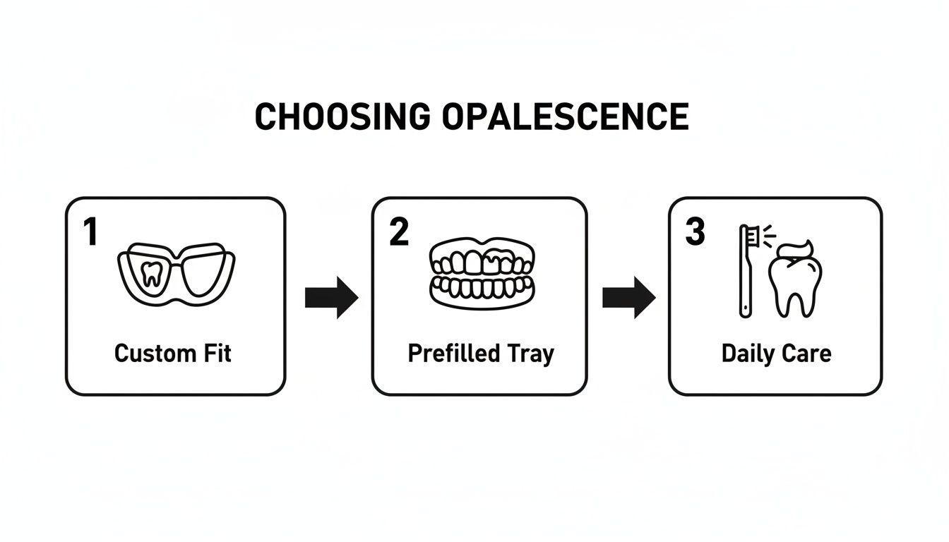 A three-step guide to choosing Opalescence: Custom Fit, Prefilled Tray, and Daily Care for teeth whitening.