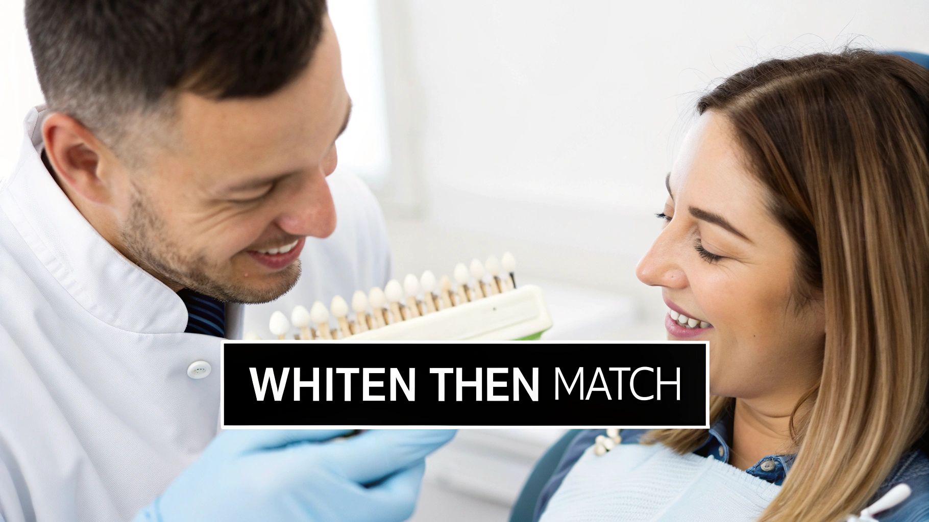 A smiling dentist shows a dental shade guide to a female patient, preparing for teeth whitening.