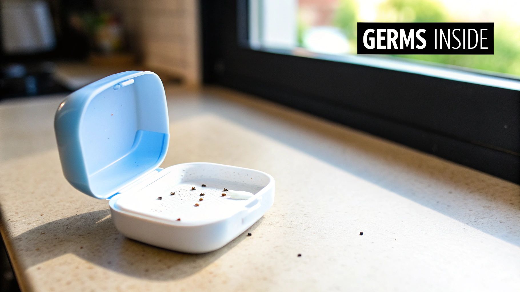 An open blue and white retainer case on a counter, filled with dark specks and a 'GERMS INSIDE' overlay.