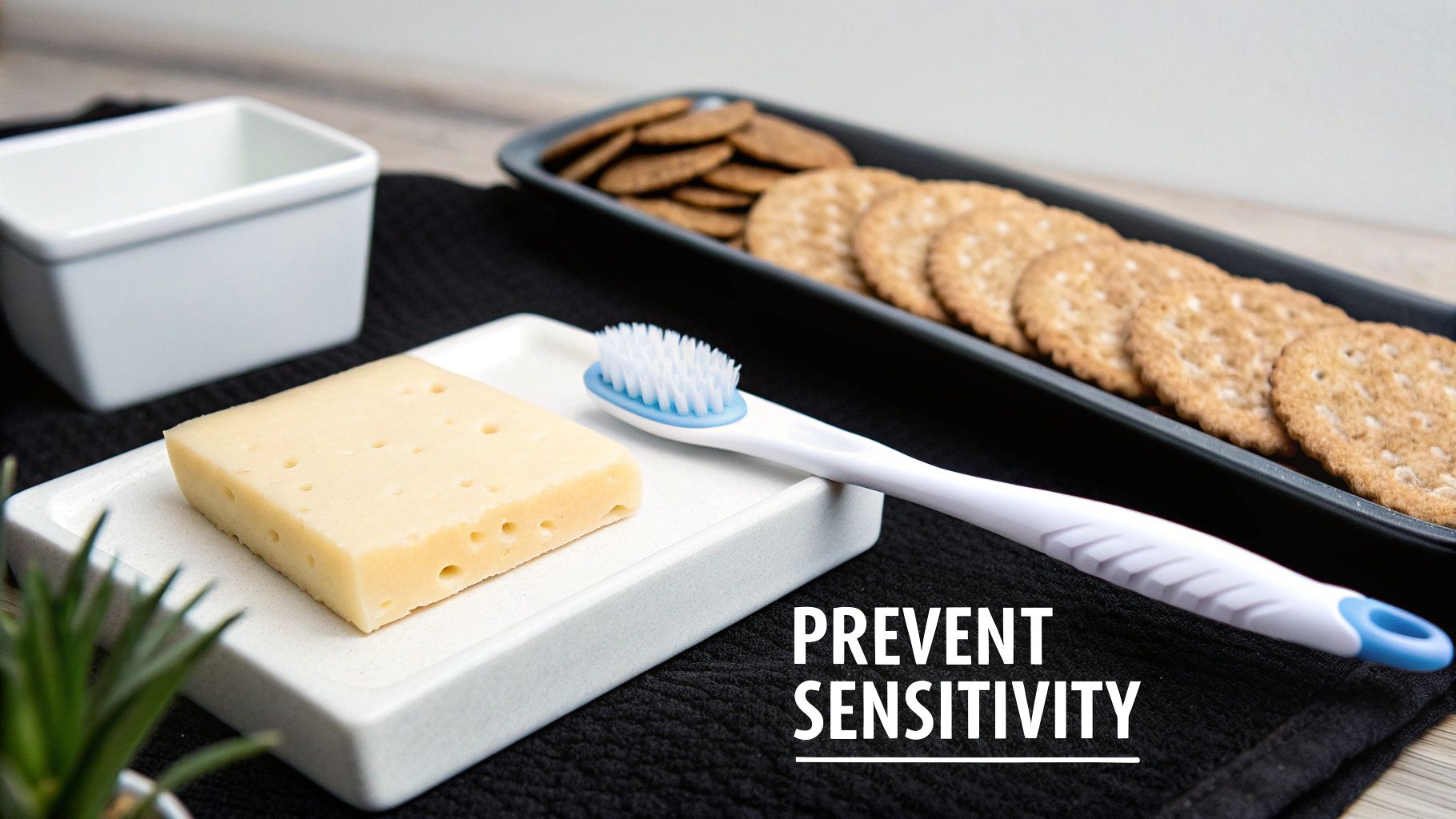 A white toothbrush with blue bristles, a block of cheese, and crackers on a black mat, promoting sensitivity prevention.