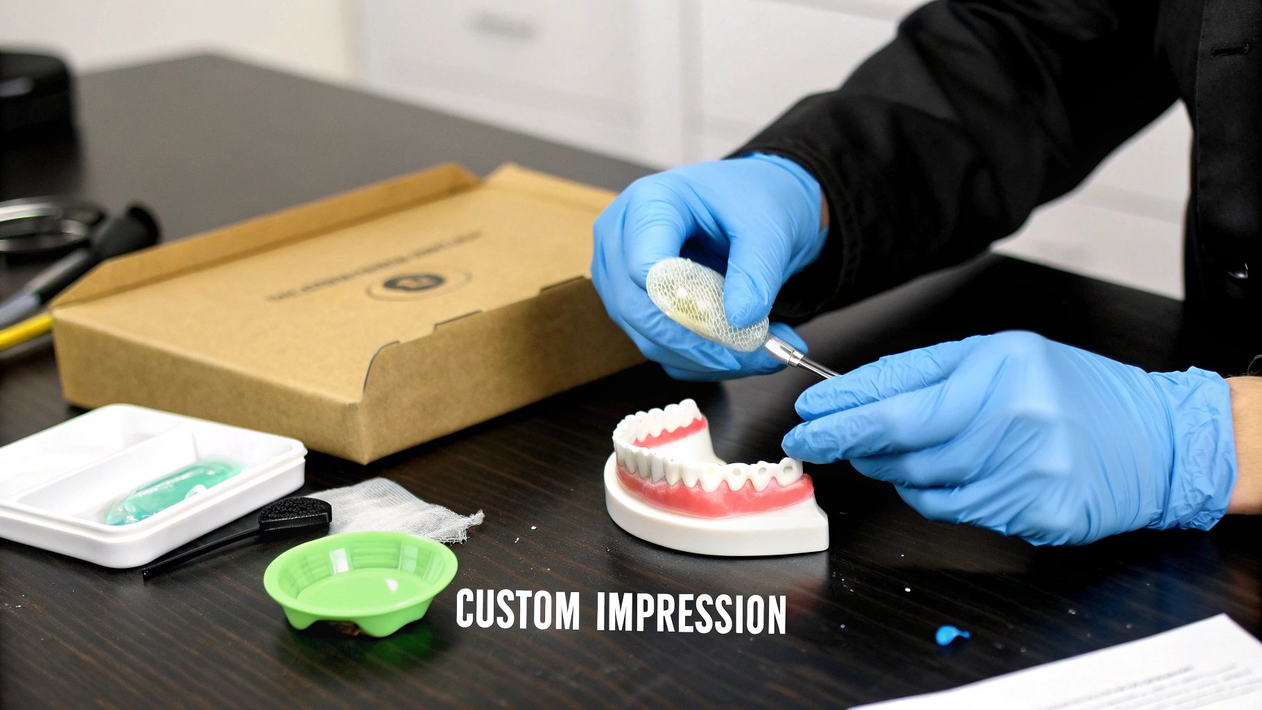 Person in blue gloves making a custom dental impression with tools and a jaw model.
