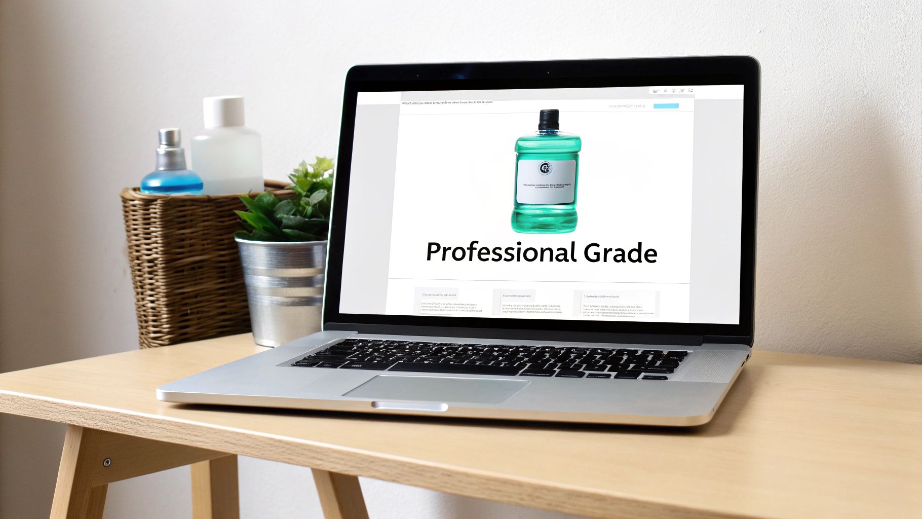 Laptop displaying a 'Professional Grade' mouthwash product page on a wooden desk with bathroom items.