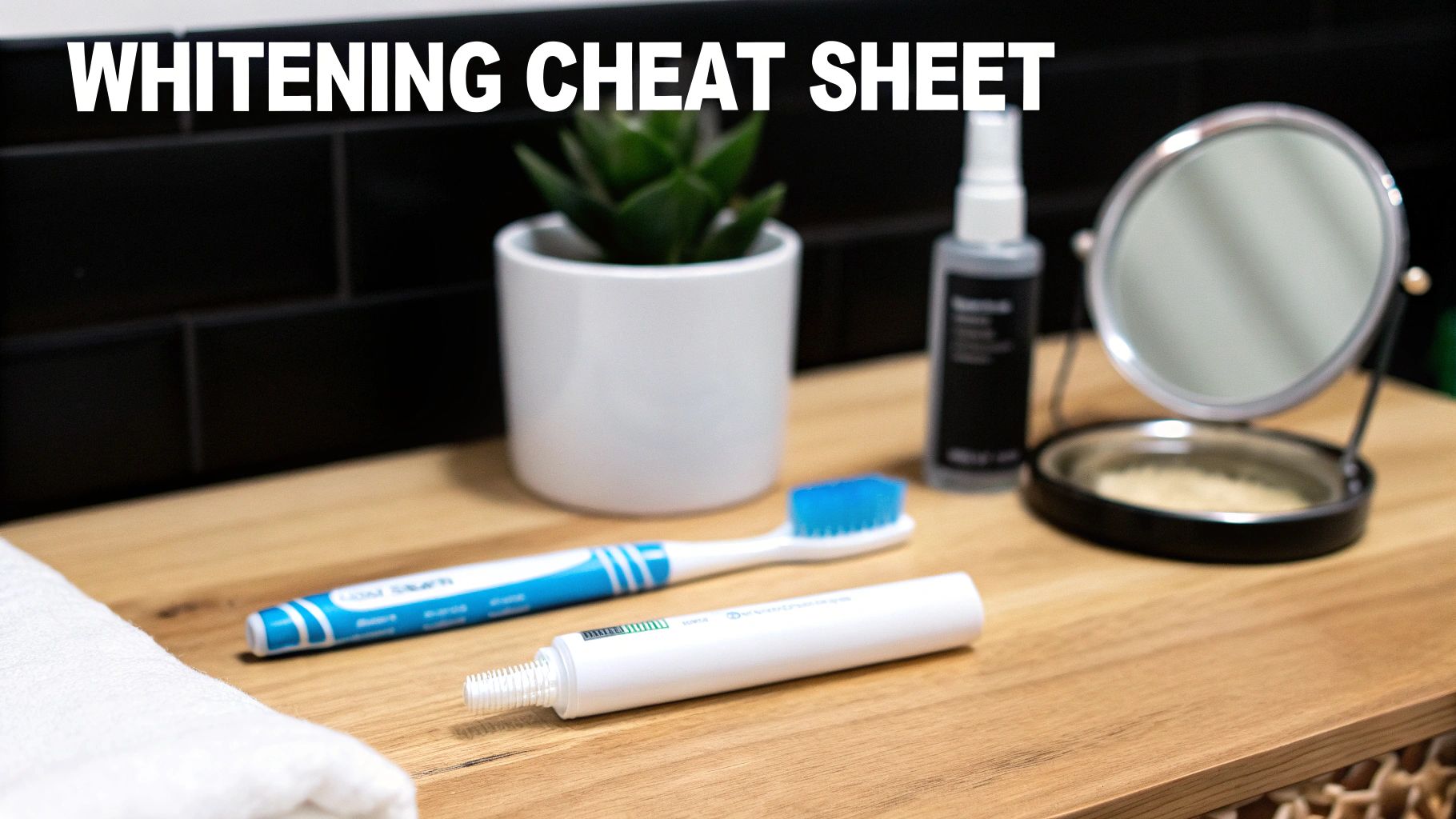Dental care products on a wooden counter, including a toothbrush, whitening pen, and mirror.