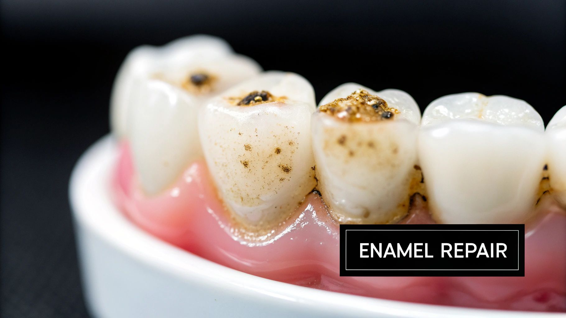 Close-up of a dental model showing teeth with visible damage, discoloration, and the text 'ENAMEL REPAIR'.