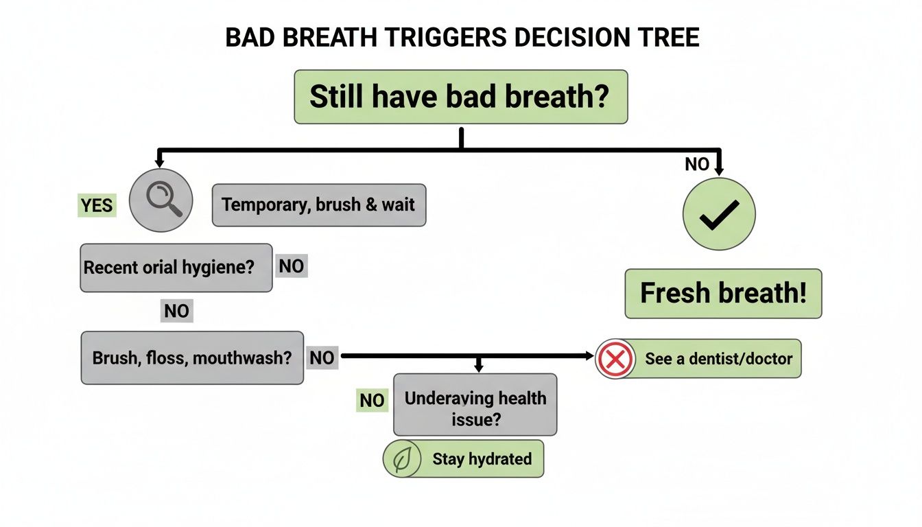 Decision tree flowchart illustrating steps to identify and resolve bad breath triggers, promoting fresh breath.