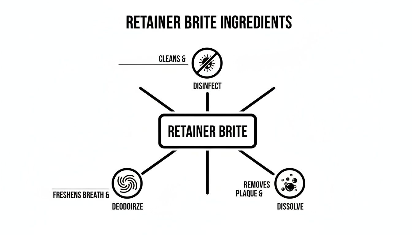 An infographic detailing Retainer Brite's cleaning, disinfecting, breath-freshening, and plaque-dissolving properties.