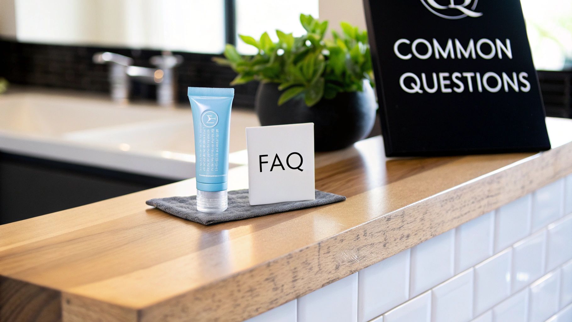 A light blue tube of desensitizing gel and an FAQ sign on a wooden counter next to a 'COMMON QUESTIONS' board.