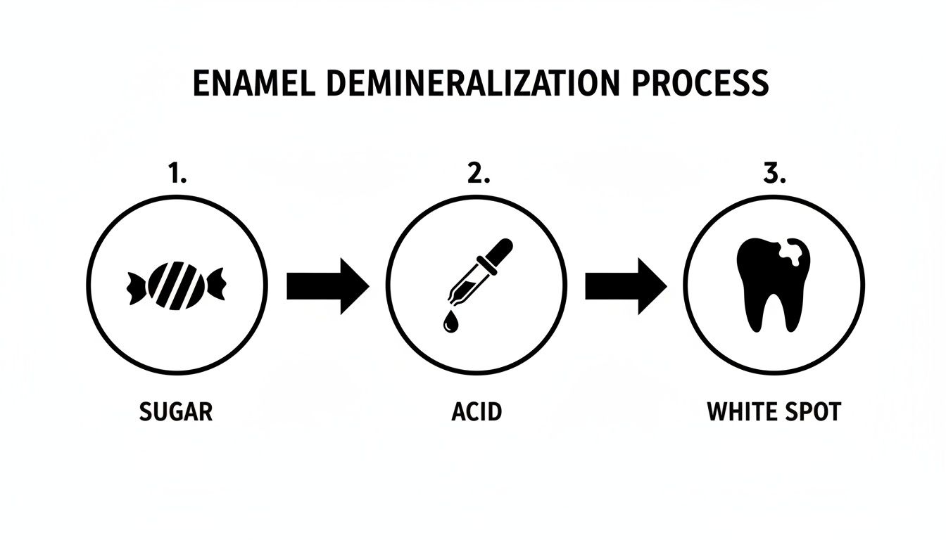Process diagram showing how sugar leads to acid, causing white spots on tooth enamel.