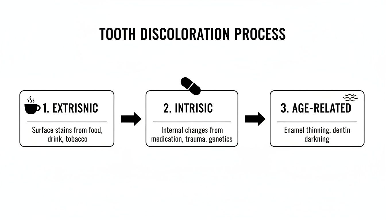 Flowchart illustrating the three stages of tooth discoloration: extrinsic, intrinsic, and age-related.