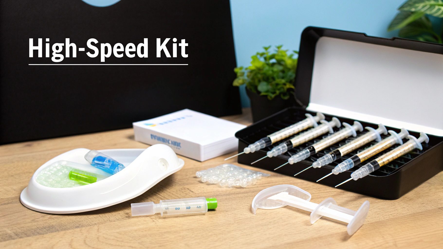 A 'High-Speed Kit' for teeth whitening, featuring multiple syringes, gels, and tools on a wooden table.