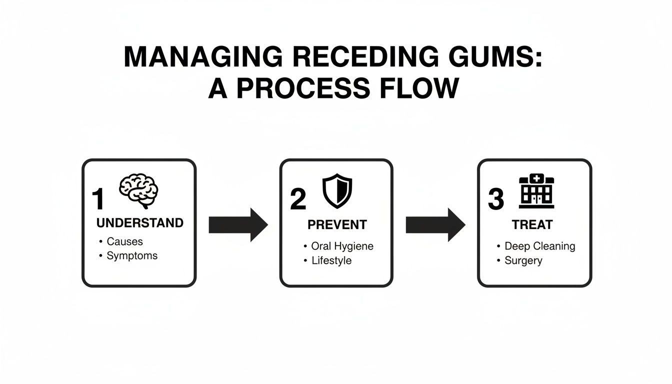 A process flow diagram illustrating steps to understand, prevent, and treat receding gums.