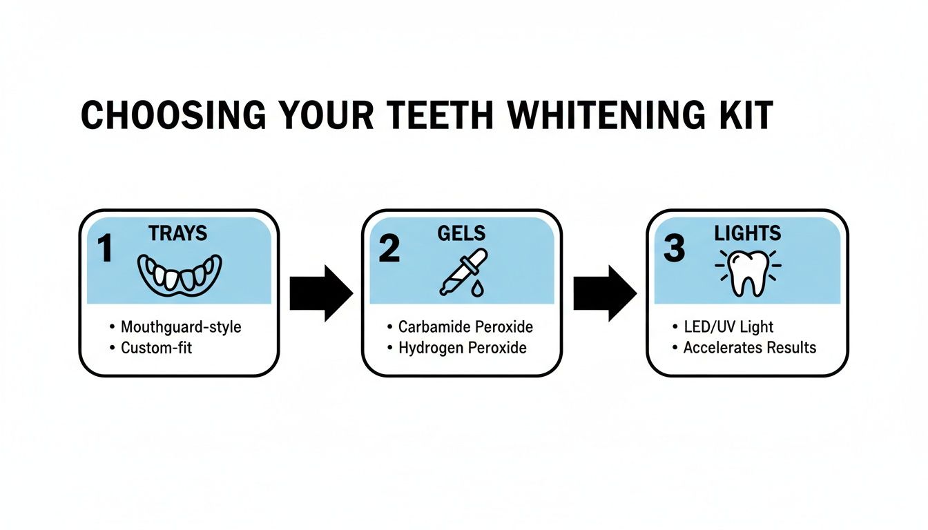 A step-by-step guide explaining how to choose a teeth whitening kit, covering trays, gels, and lights.