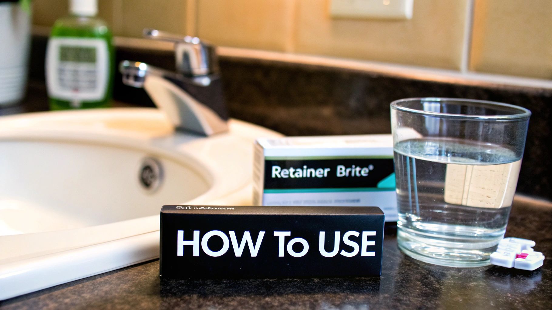 A bathroom counter with a Retainer Brite box, a glass of water, and a 'How To Use' guide.