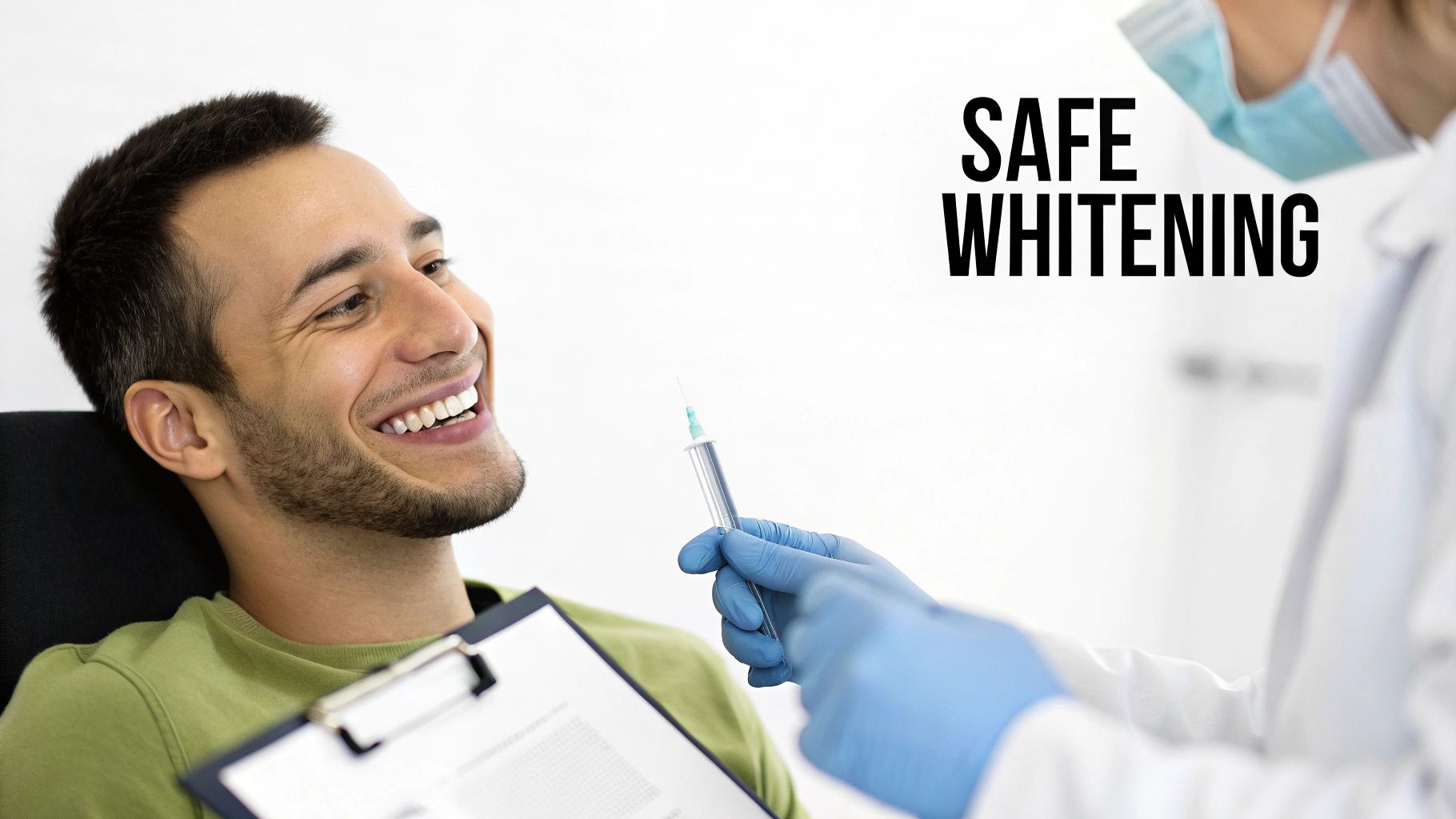 Smiling man in dental chair looking at professional holding a syringe for safe teeth whitening.