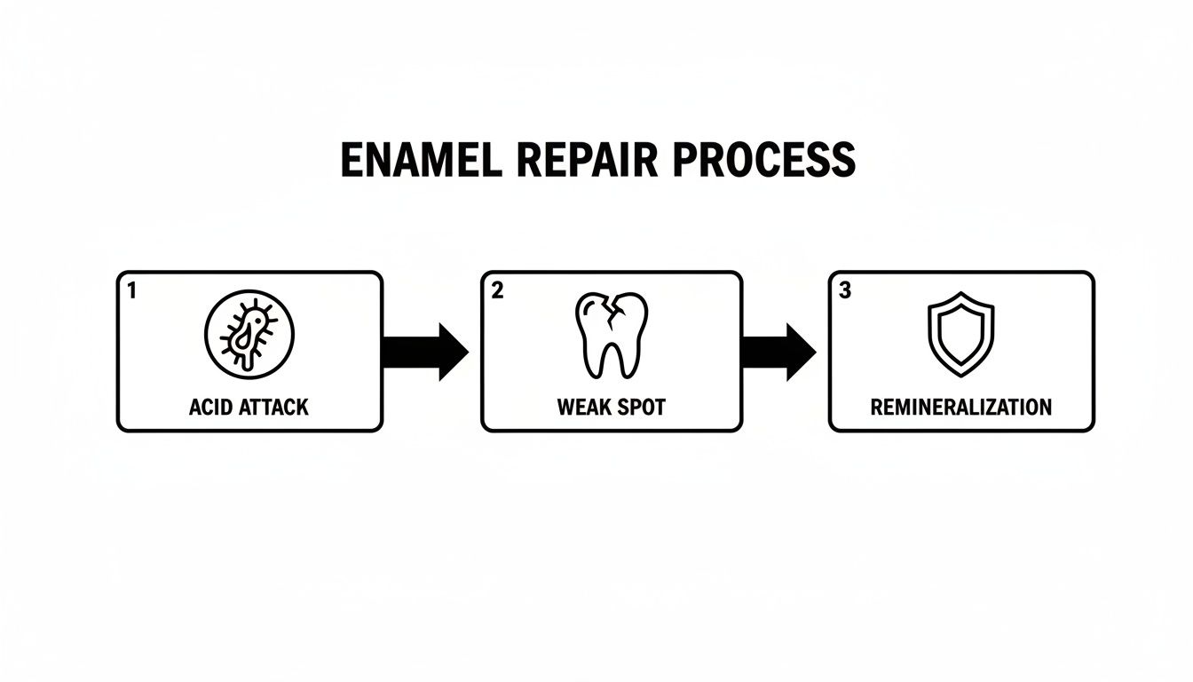 Diagram illustrating the enamel repair process, detailing steps from acid attack to remineralization.