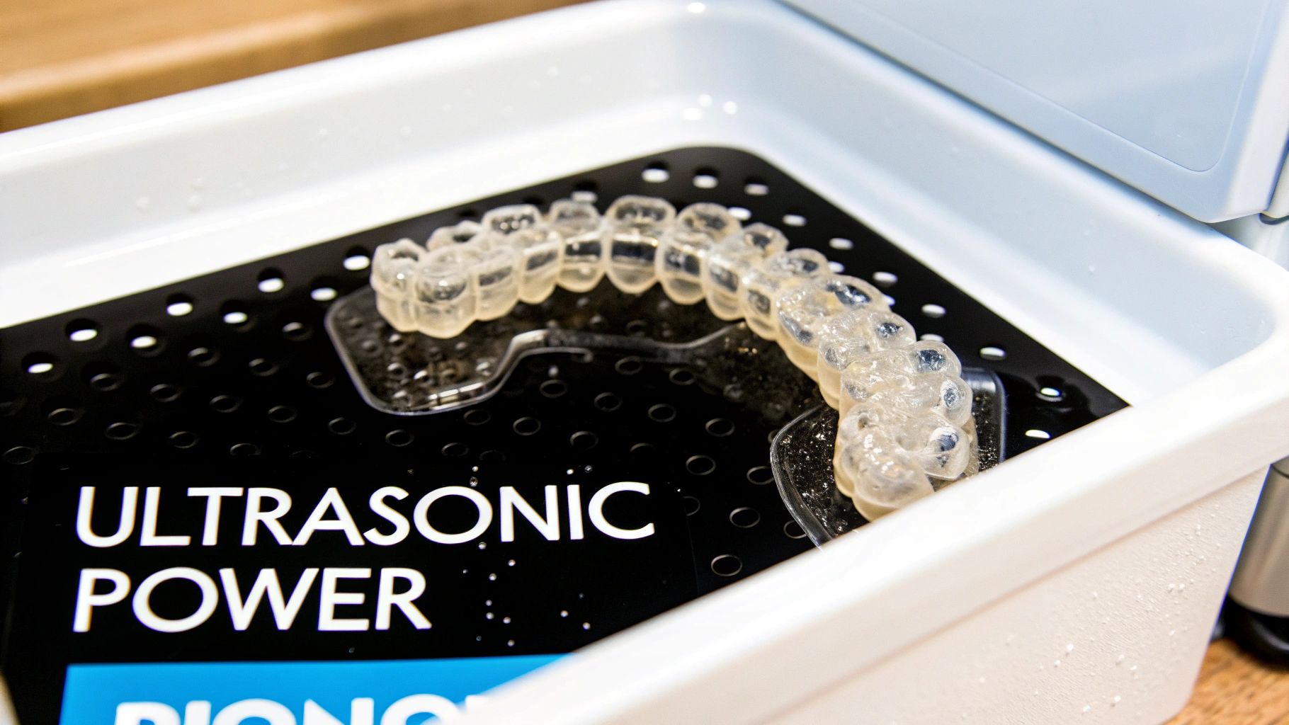 A clear dental aligner rests in a white ultrasonic cleaner tray with 'ULTRASONIC POWER' visible.