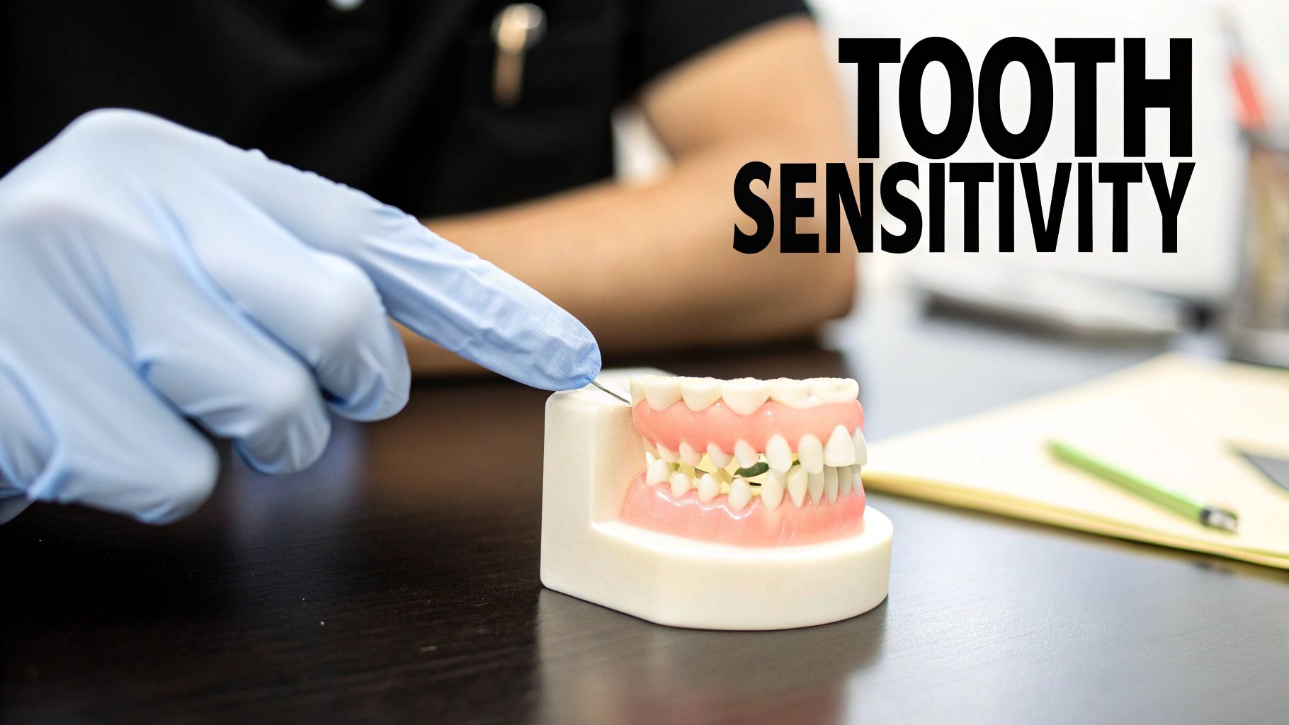 A gloved hand points with a probe at a dental model, illustrating tooth sensitivity.