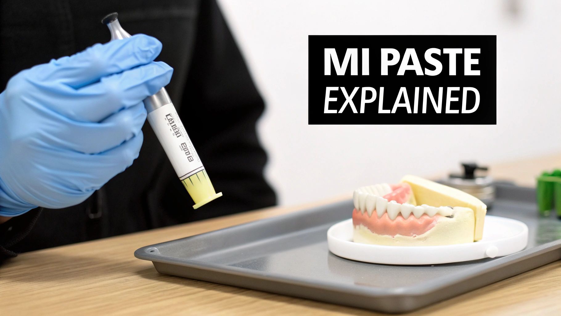 A gloved hand holds a MI Paste syringe next to a dental model on a tray, with text 'MI PASTE EXPLAINED'.