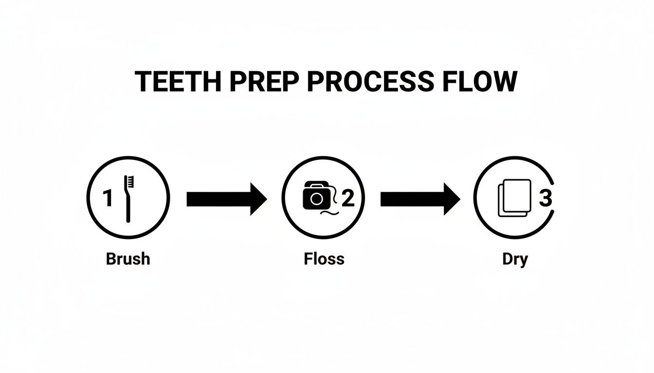 Teeth preparation process flow diagram illustrating three steps: brush, floss, and dry.