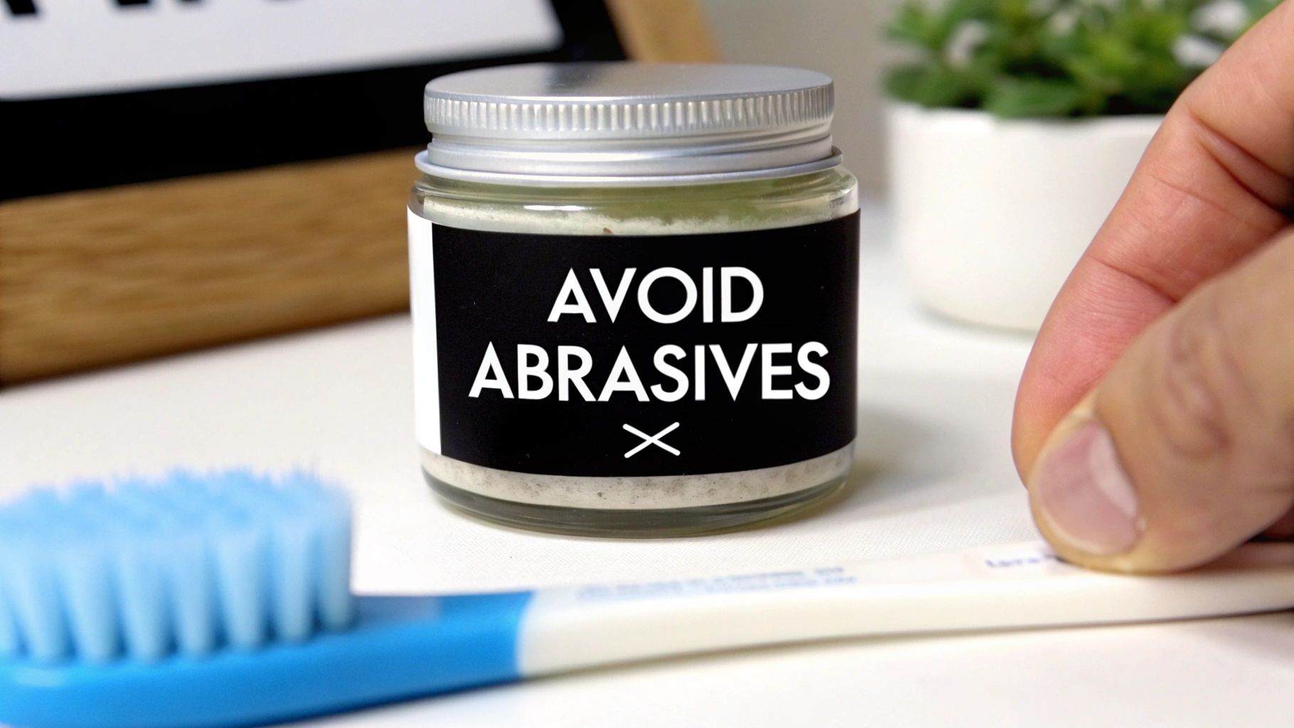 A hand holds a toothbrush next to a jar labeled 'AVOID ABRASIVES', emphasizing dental care advice.