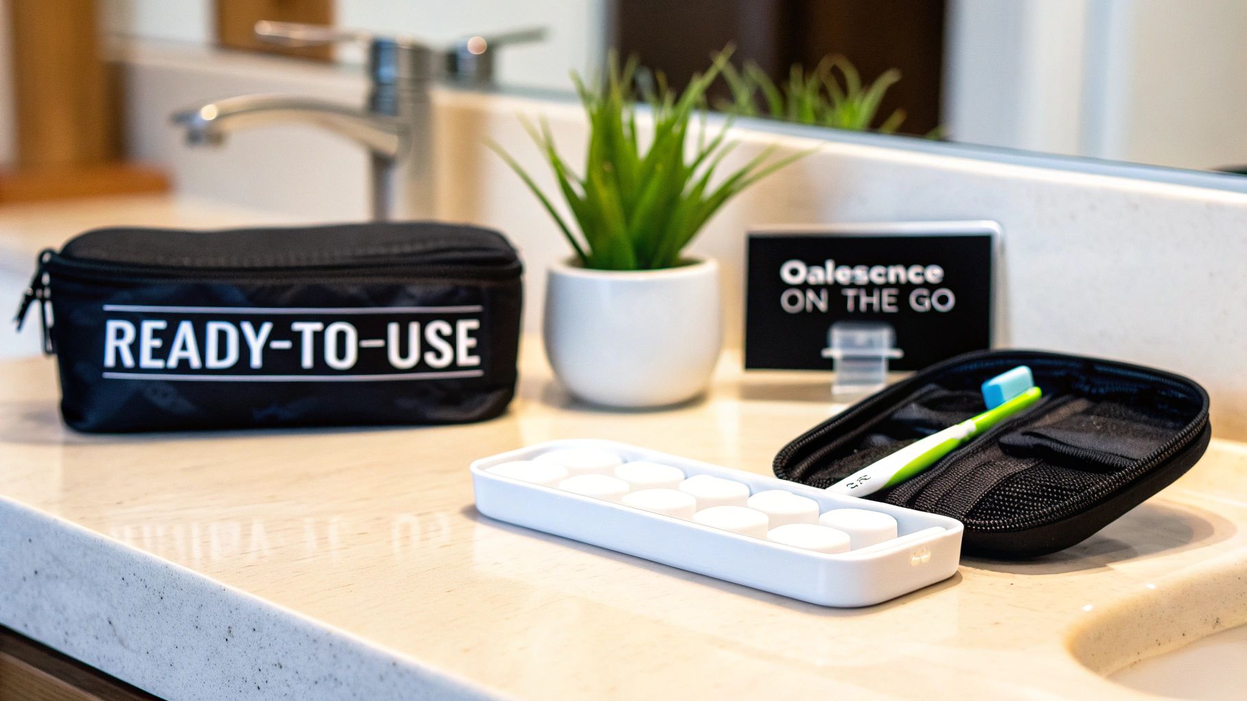 A bathroom counter displays an Opalescence On The Go kit, a toothbrush, and a "READY-TO-USE" pouch next to a small plant.